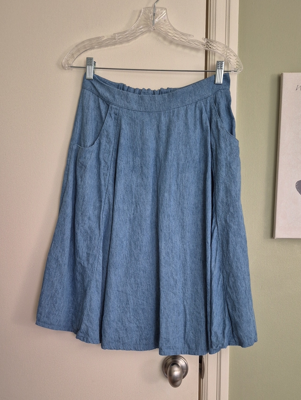 Meemoza Chambray A-line Midi Skirt, Never Worn, Hidden Side Zip, Pockets, S